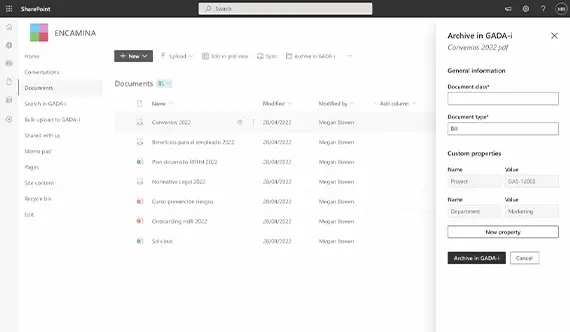 Desde SharePoint Onine podemos cargar documentos directamente en GADA-i 